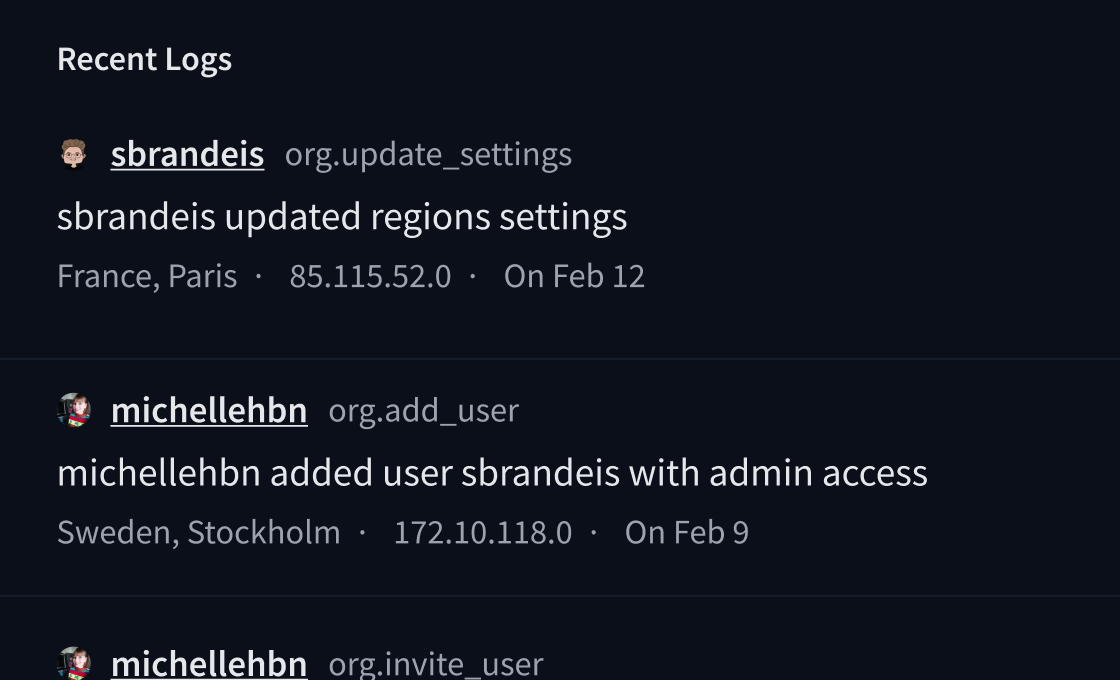 screenshot of Hugging Face Audit Logs feature